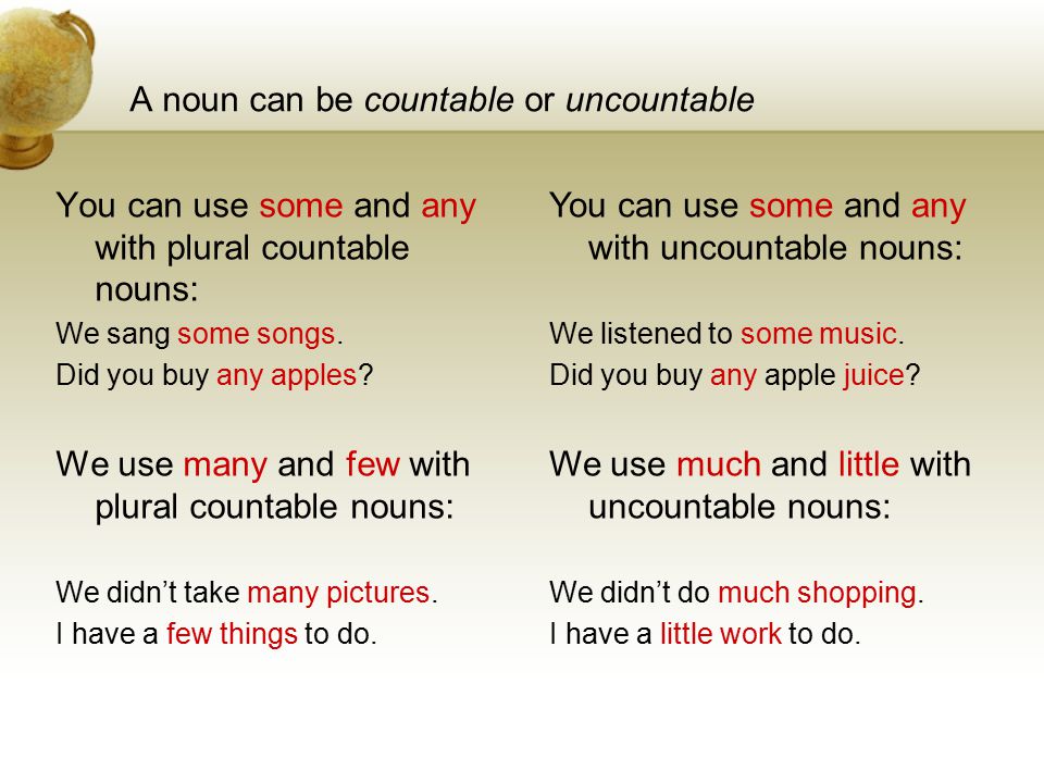 A noun can be countable or uncountable You can use some and any with plural countable nouns: We sang some songs.