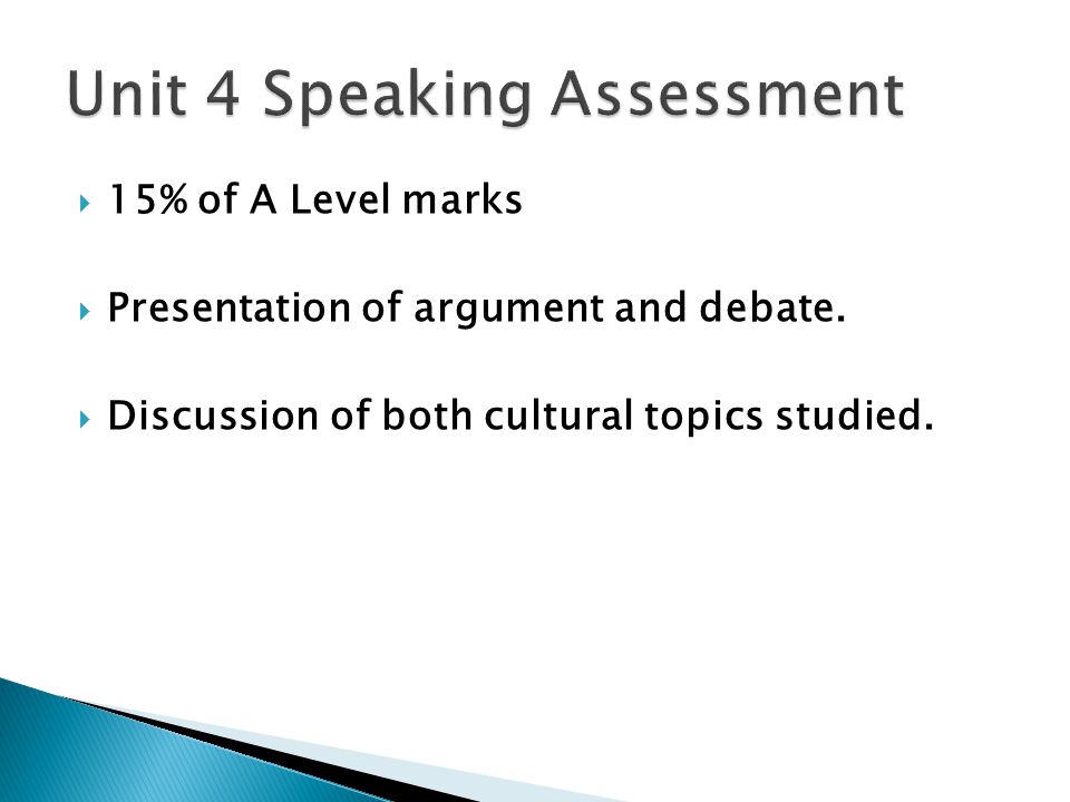  15% of A Level marks  Presentation of argument and debate.