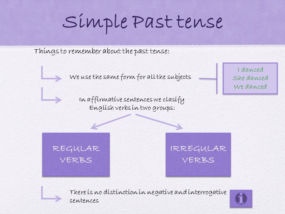 Simple Past tense Things to remember about the past tense: We use the same form for all the subjects I danced She danced We danced I danced She danced We danced In affirmative sentences we clasify English verbs in two groups: REGULAR VERBS REGULAR VERBS IRREGULAR VERBS IRREGULAR VERBS There is no distinction in negative and interrogative sentences