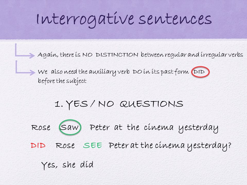 Interrogative sentences Again, there is NO DISTINCTION between regular and irregular verbs We also need the auxiliary verb DO in its past form DID before the subject Rose Saw Peter at the cinema yesterday Rose Peter at the cinema yesterday.