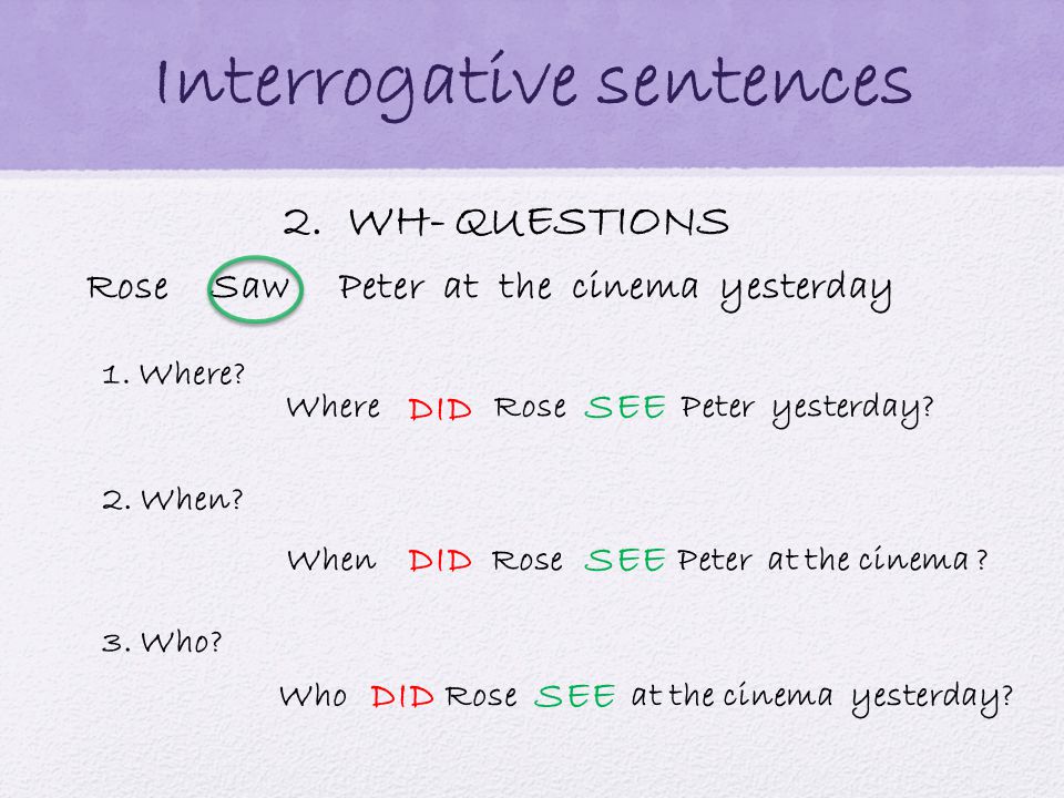 Interrogative sentences 2. WH- QUESTIONS Rose Saw Peter at the cinema yesterday 1.