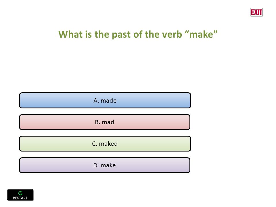 What is the past of the verb make A. made B. mad C. maked D. make