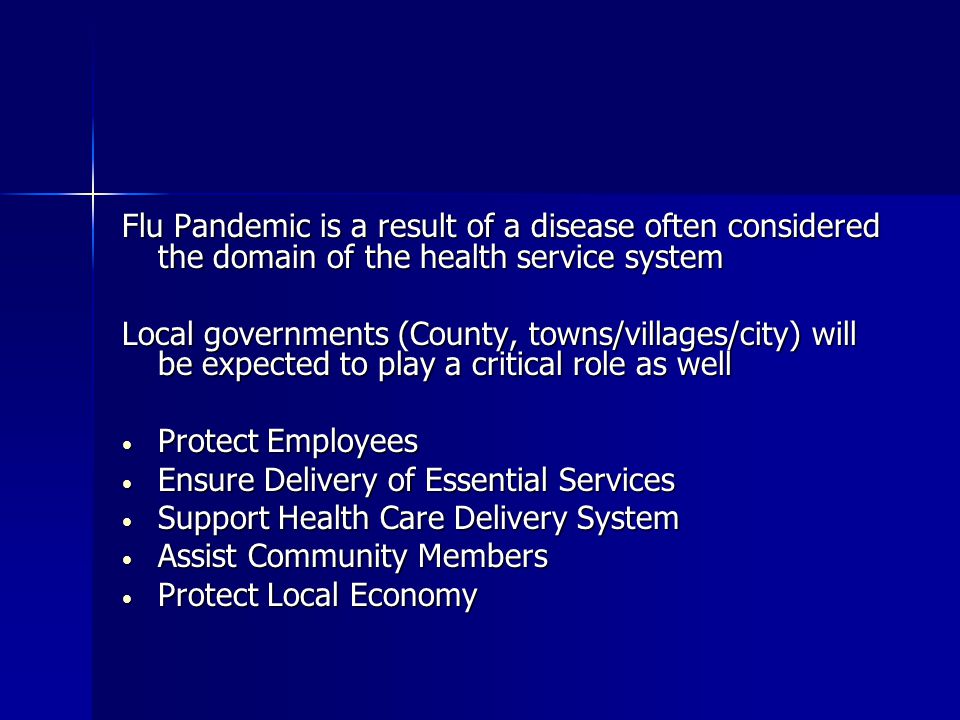 Flu Pandemic is a result of a disease often considered the domain of the health service system Local governments (County, towns/villages/city) will be expected to play a critical role as well Protect Employees Protect Employees Ensure Delivery of Essential Services Ensure Delivery of Essential Services Support Health Care Delivery System Support Health Care Delivery System Assist Community Members Assist Community Members Protect Local Economy Protect Local Economy