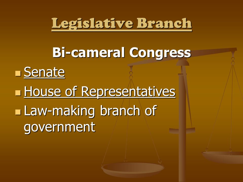 Legislative Branch Bi-cameral Congress Senate Senate House of Representatives House of Representatives Law-making branch of government Law-making branch of government