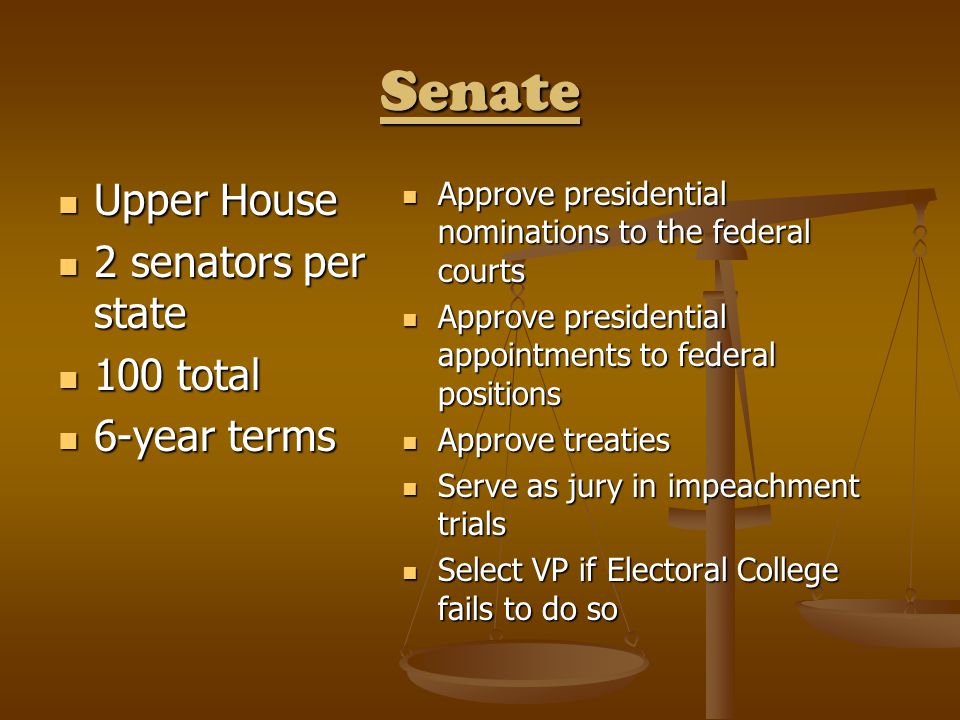 Senate Upper House Upper House 2 senators per state 2 senators per state 100 total 100 total 6-year terms 6-year terms Approve presidential nominations to the federal courts Approve presidential appointments to federal positions Approve treaties Serve as jury in impeachment trials Select VP if Electoral College fails to do so