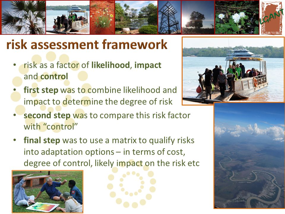 risk as a factor of likelihood, impact and control first step was to combine likelihood and impact to determine the degree of risk second step was to compare this risk factor with control final step was to use a matrix to qualify risks into adaptation options – in terms of cost, degree of control, likely impact on the risk etc