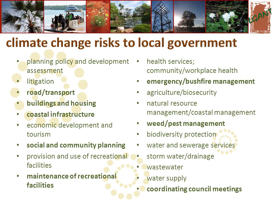 planning policy and development assessment litigation road/transport buildings and housing coastal infrastructure economic development and tourism social and community planning provision and use of recreational facilities maintenance of recreational facilities health services; community/workplace health emergency/bushfire management agriculture/biosecurity natural resource management/coastal management weed/pest management biodiversity protection water and sewerage services storm water/drainage wastewater water supply coordinating council meetings