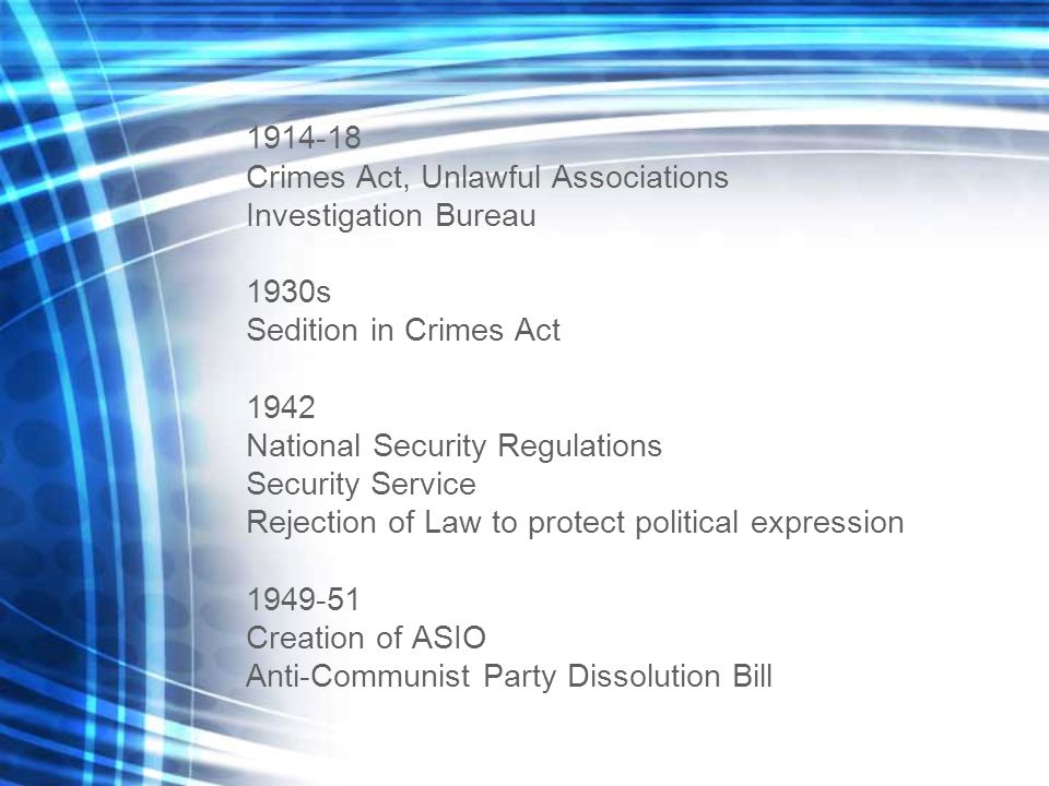 Crimes Act, Unlawful Associations Investigation Bureau 1930s Sedition in Crimes Act 1942 National Security Regulations Security Service Rejection of Law to protect political expression Creation of ASIO Anti-Communist Party Dissolution Bill