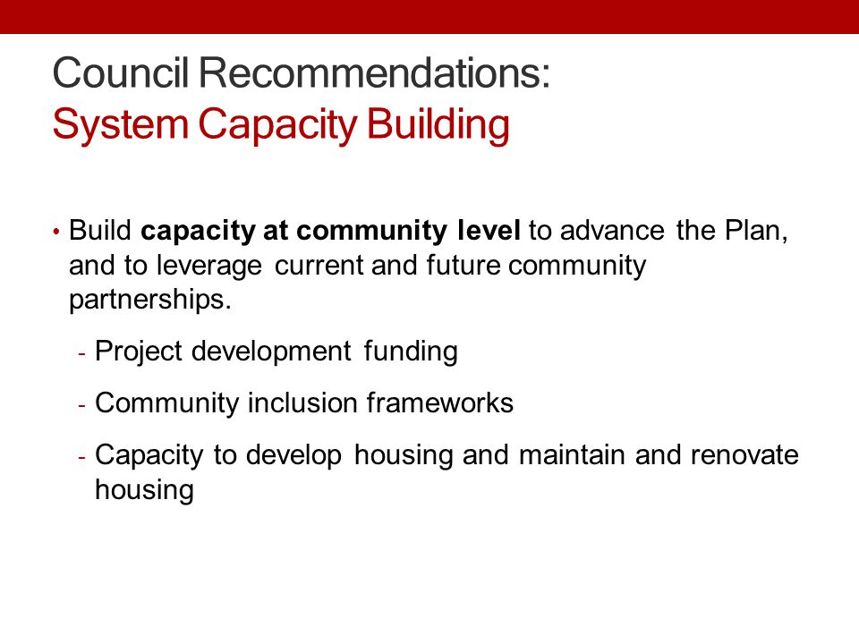 Council Recommendations: System Capacity Building Build capacity at community level to advance the Plan, and to leverage current and future community partnerships.