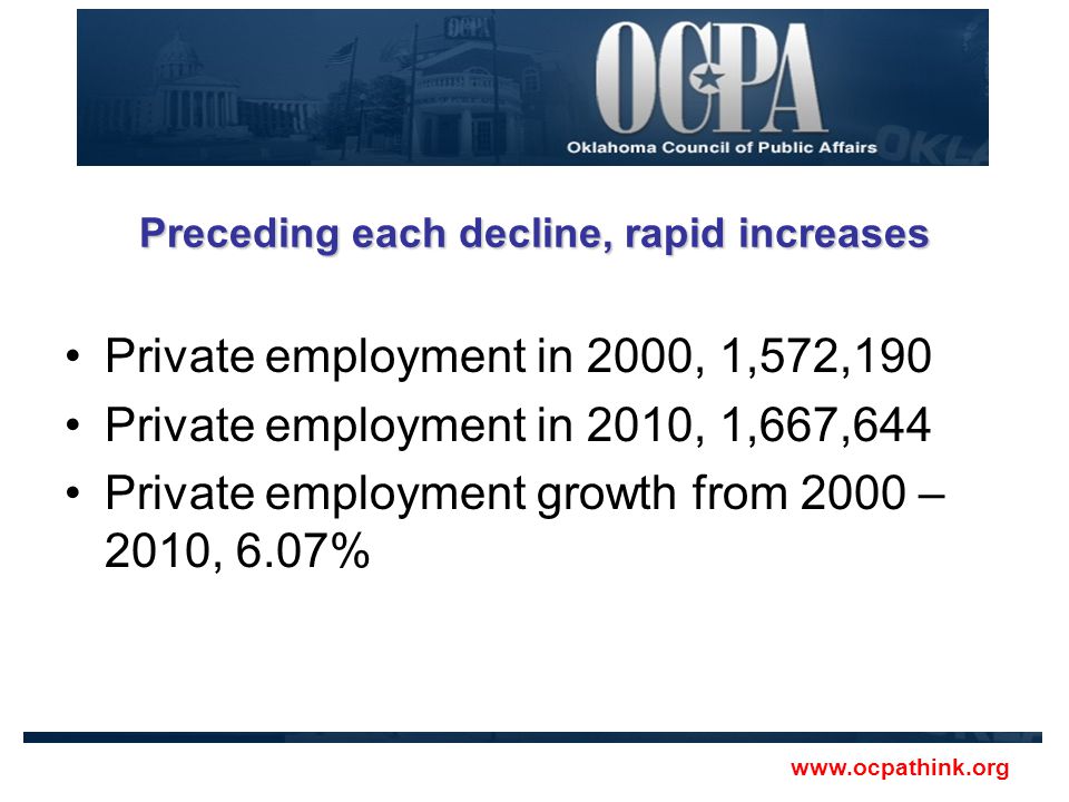 Preceding each decline, rapid increases Private employment in 2000, 1,572,190 Private employment in 2010, 1,667,644 Private employment growth from 2000 – 2010, 6.07%
