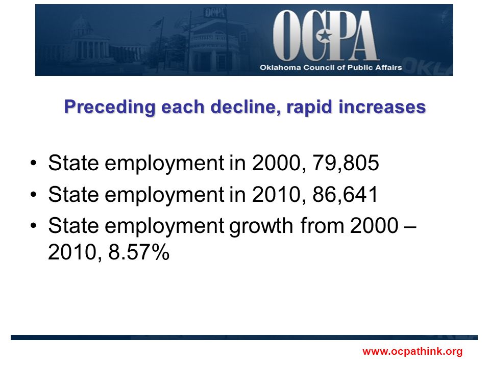 Preceding each decline, rapid increases State employment in 2000, 79,805 State employment in 2010, 86,641 State employment growth from 2000 – 2010, 8.57%