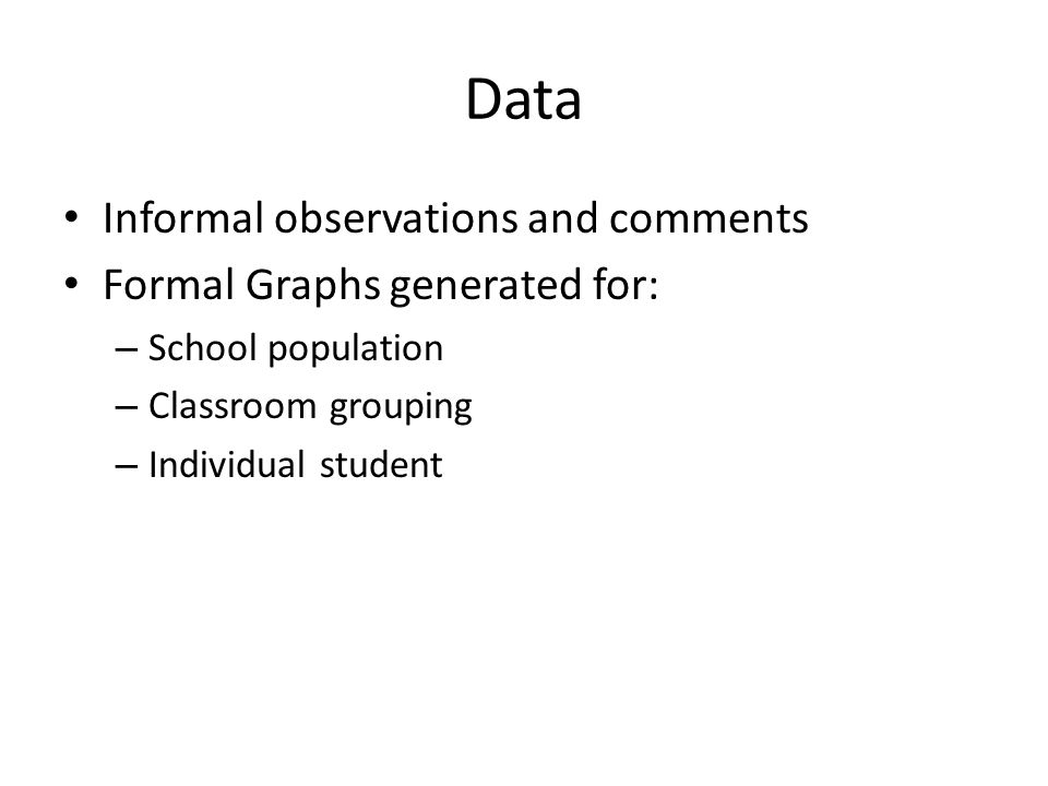 Data Informal observations and comments Formal Graphs generated for: – School population – Classroom grouping – Individual student
