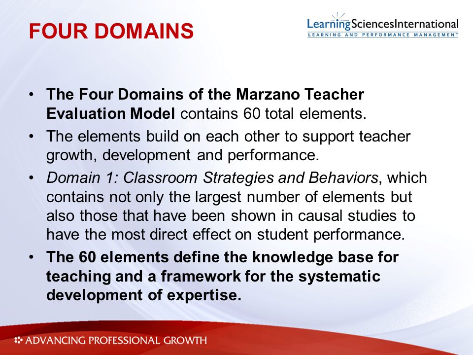 FOUR DOMAINS The Four Domains of the Marzano Teacher Evaluation Model contains 60 total elements.