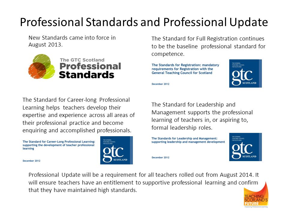 Professional Standards and Professional Update Professional Update will be a requirement for all teachers rolled out from August 2014.