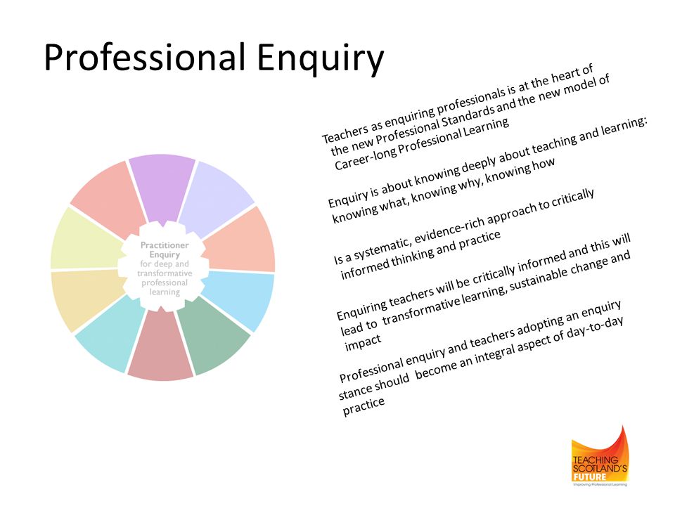Professional Enquiry Professional enquiry and teachers adopting an enquiry stance should become an integral aspect of day-to-day practice Enquiring teachers will be critically informed and this will lead to transformative learning, sustainable change and impact Is a systematic, evidence-rich approach to critically informed thinking and practice Enquiry is about knowing deeply about teaching and learning: knowing what, knowing why, knowing how Teachers as enquiring professionals is at the heart of the new Professional Standards and the new model of Career-long Professional Learning