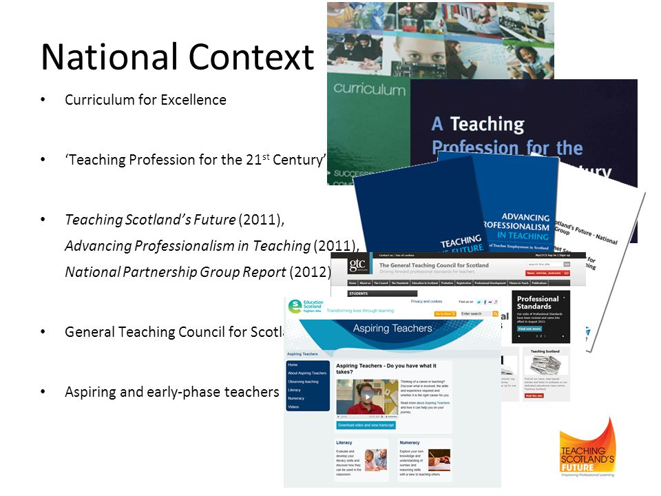 National Context Curriculum for Excellence ‘Teaching Profession for the 21 st Century’ (2001).