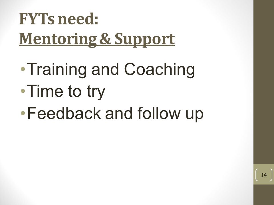 14 FYTs need: Mentoring & Support Training and Coaching Time to try Feedback and follow up