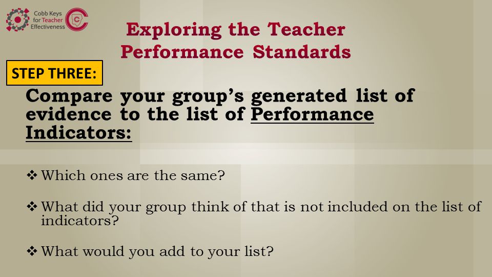 Compare your group’s generated list of evidence to the list of Performance Indicators:  Which ones are the same.