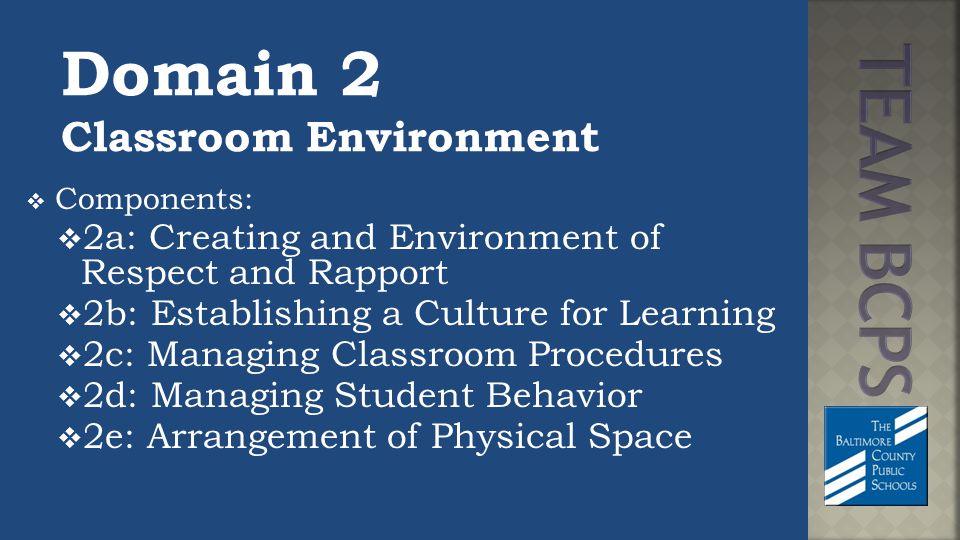Domain 2 Classroom Environment  Components:  2a: Creating and Environment of Respect and Rapport  2b: Establishing a Culture for Learning  2c: Managing Classroom Procedures  2d: Managing Student Behavior  2e: Arrangement of Physical Space
