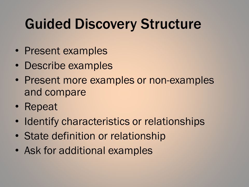 Guided Discovery Structure Present examples Describe examples Present more examples or non-examples and compare Repeat Identify characteristics or relationships State definition or relationship Ask for additional examples