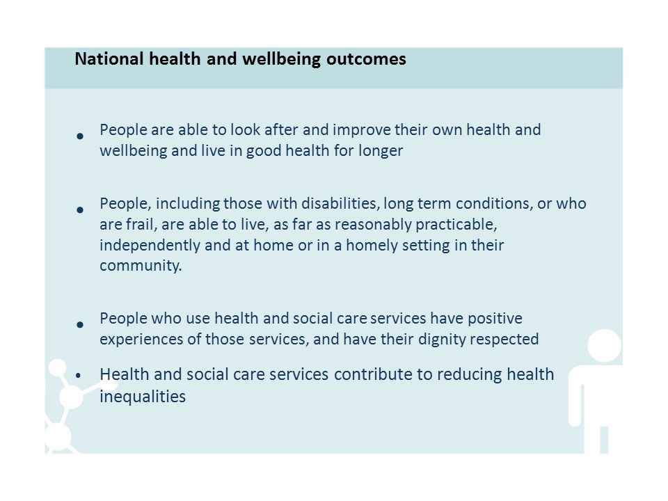 People are able to look after and improve their own health and wellbeing and live in good health for longer People, including those with disabilities, long term conditions, or who are frail, are able to live, as far as reasonably practicable, independently and at home or in a homely setting in their community.