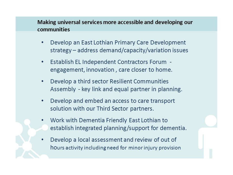 Develop an East Lothian Primary Care Development strategy – address demand/capacity/variation issues Establish EL Independent Contractors Forum - engagement, innovation, care closer to home.