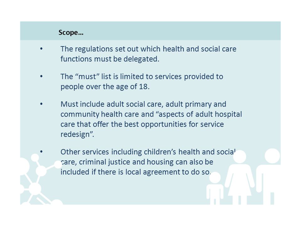 The regulations set out which health and social care functions must be delegated.