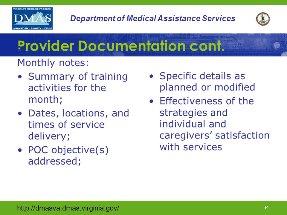 18 Department of Medical Assistance Services Provider Documentation cont.