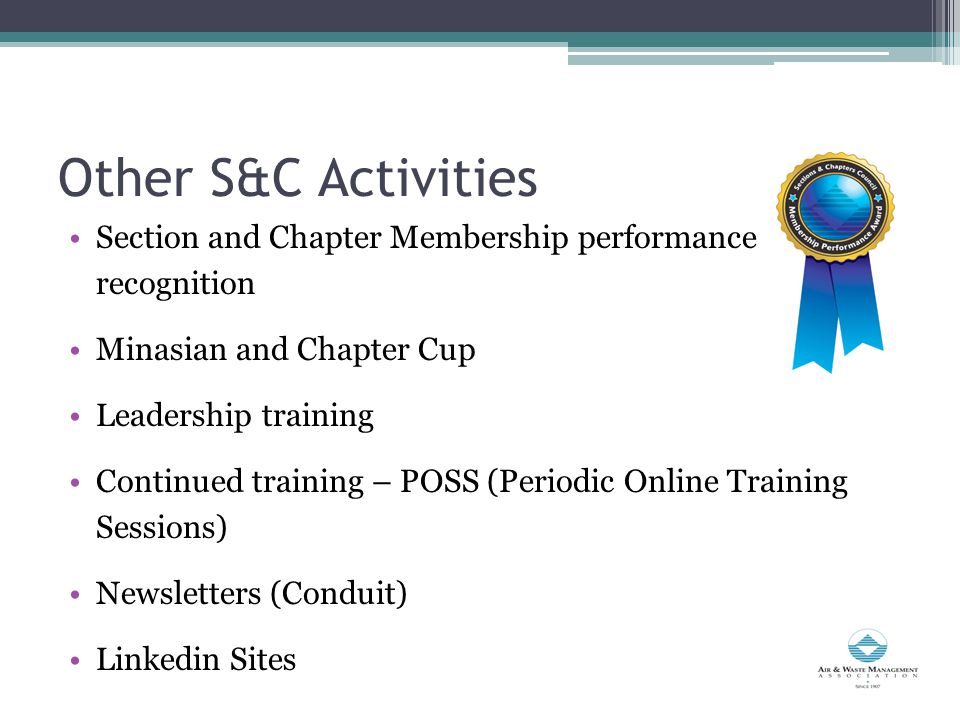 Other S&C Activities Section and Chapter Membership performance recognition Minasian and Chapter Cup Leadership training Continued training – POSS (Periodic Online Training Sessions) Newsletters (Conduit) Linkedin Sites
