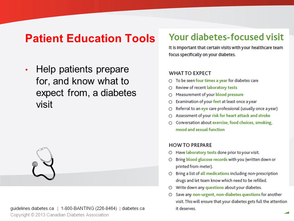 guidelines.diabetes.ca | BANTING ( ) | diabetes.ca Copyright © 2013 Canadian Diabetes Association Patient Education Tools Help patients prepare for, and know what to expect from, a diabetes visit