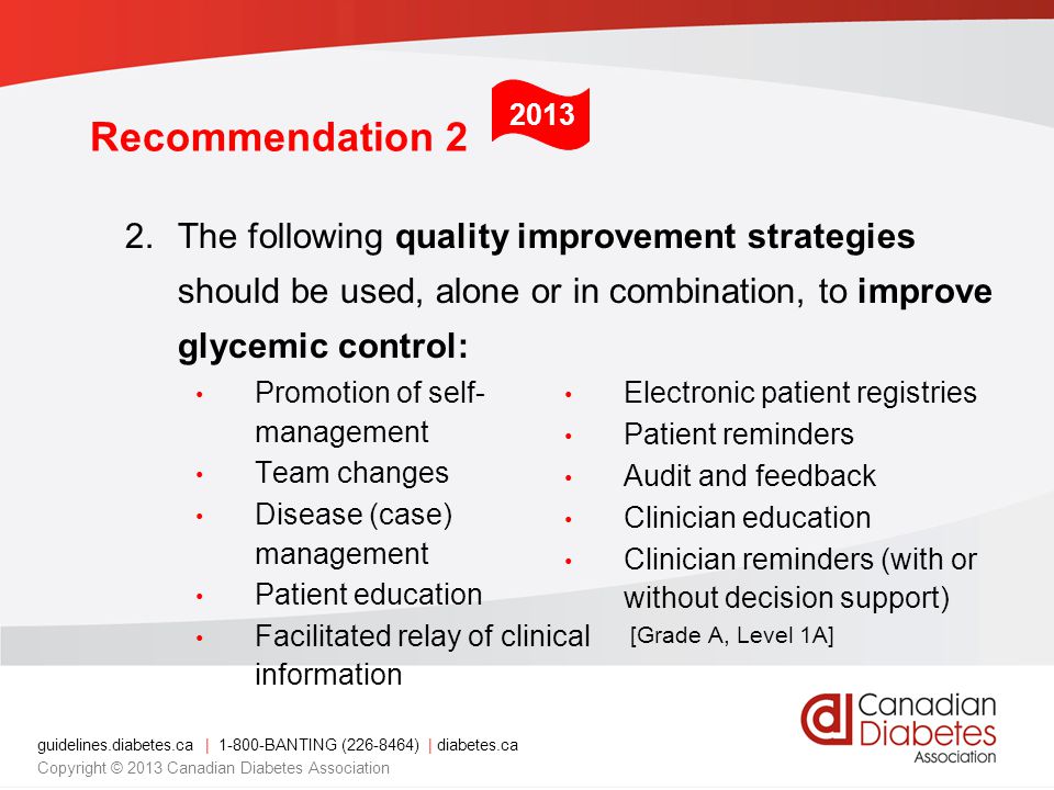 guidelines.diabetes.ca | BANTING ( ) | diabetes.ca Copyright © 2013 Canadian Diabetes Association 2.The following quality improvement strategies should be used, alone or in combination, to improve glycemic control: Recommendation Electronic patient registries Patient reminders Audit and feedback Clinician education Clinician reminders (with or without decision support) [Grade A, Level 1A] Promotion of self- management Team changes Disease (case) management Patient education Facilitated relay of clinical information
