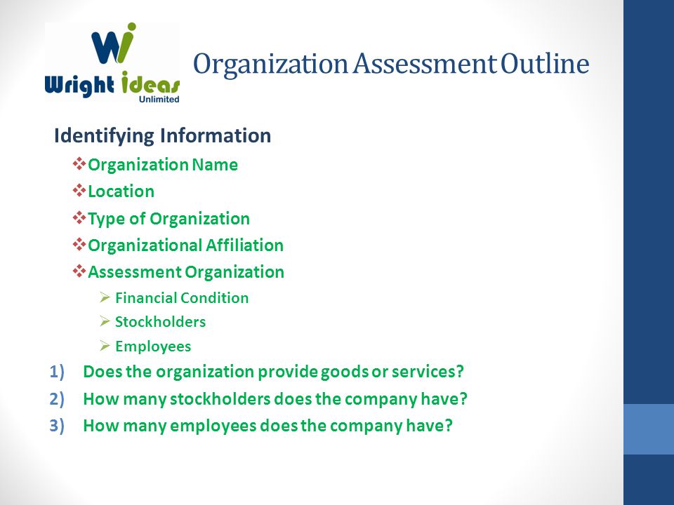 Organization Assessment Outline Identifying Information  Organization Name  Location  Type of Organization  Organizational Affiliation  Assessment Organization  Financial Condition  Stockholders  Employees 1)Does the organization provide goods or services.