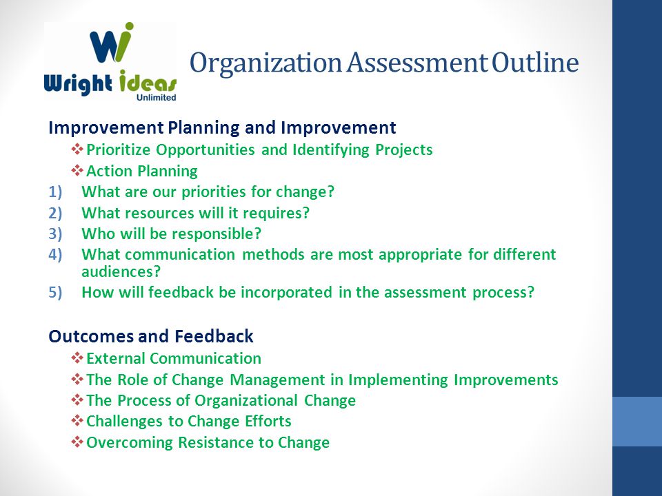 Organization Assessment Outline Improvement Planning and Improvement  Prioritize Opportunities and Identifying Projects  Action Planning 1)What are our priorities for change.