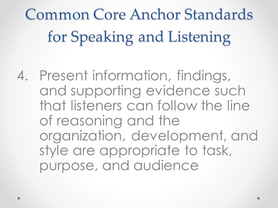 Common Core Anchor Standards for Speaking and Listening 4.Present information, findings, and supporting evidence such that listeners can follow the line of reasoning and the organization, development, and style are appropriate to task, purpose, and audience