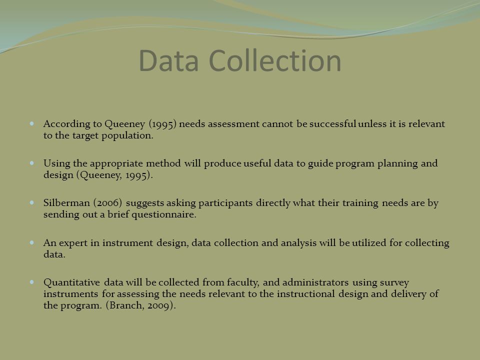 Data Collection According to Queeney (1995) needs assessment cannot be successful unless it is relevant to the target population.