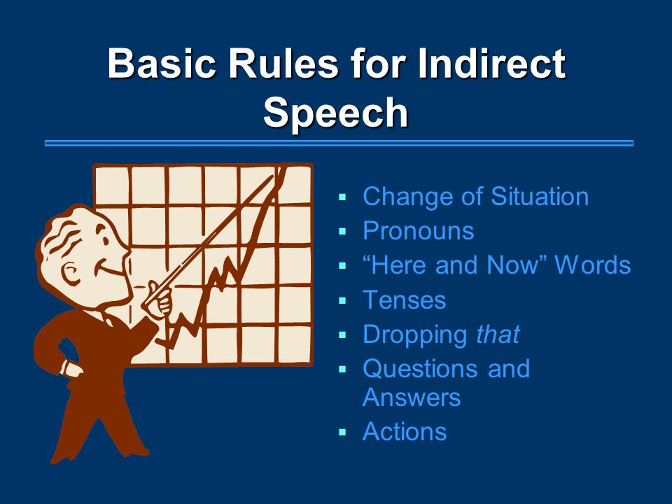 Basic Rules for Indirect Speech  Change of Situation  Pronouns  Here and Now Words  Tenses  Dropping that  Questions and Answers  Actions