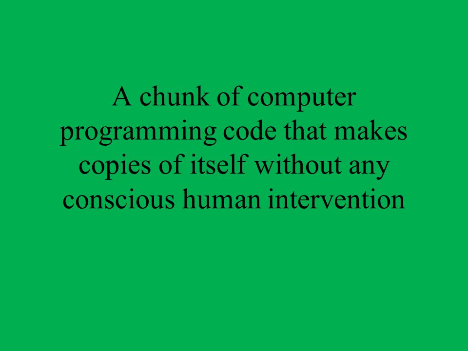 A chunk of computer programming code that makes copies of itself without any conscious human intervention