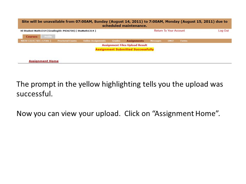 The prompt in the yellow highlighting tells you the upload was successful.