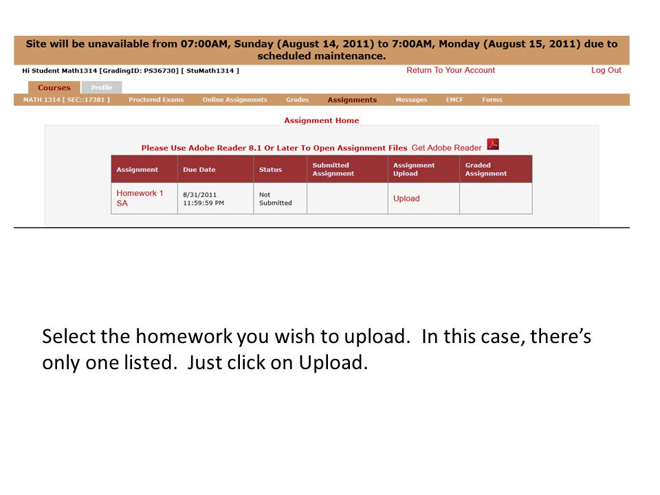 Select the homework you wish to upload. In this case, there’s only one listed.