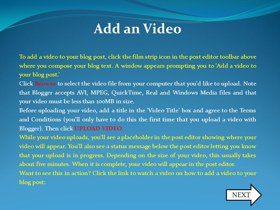 Add an Video To add a video to your blog post, click the film strip icon in the post editor toolbar above where you compose your blog text.