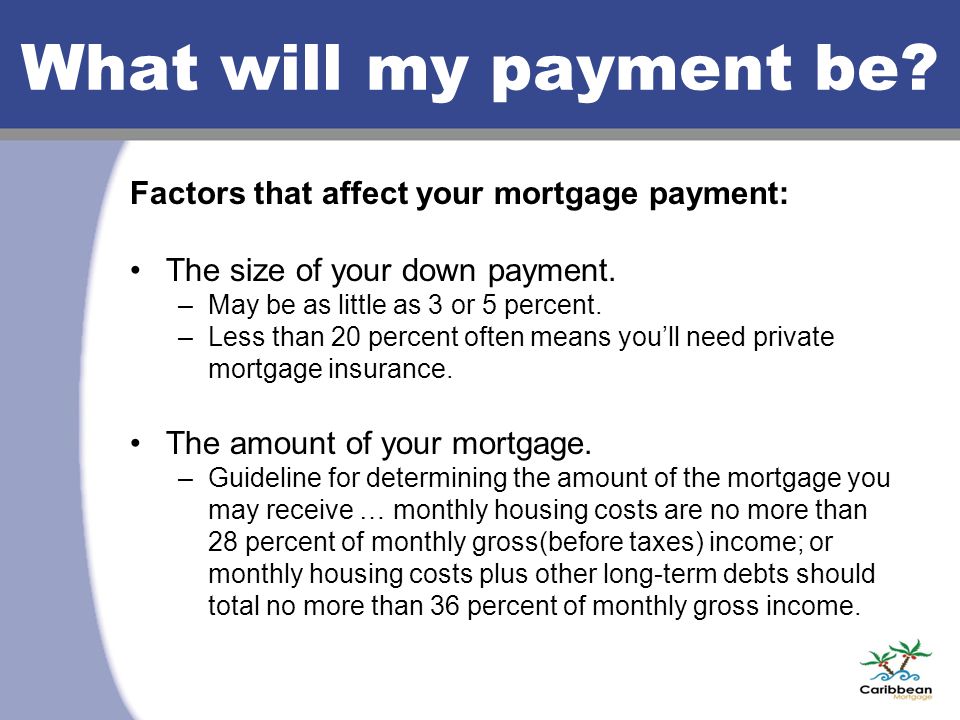 What will my payment be. Factors that affect your mortgage payment: The size of your down payment.