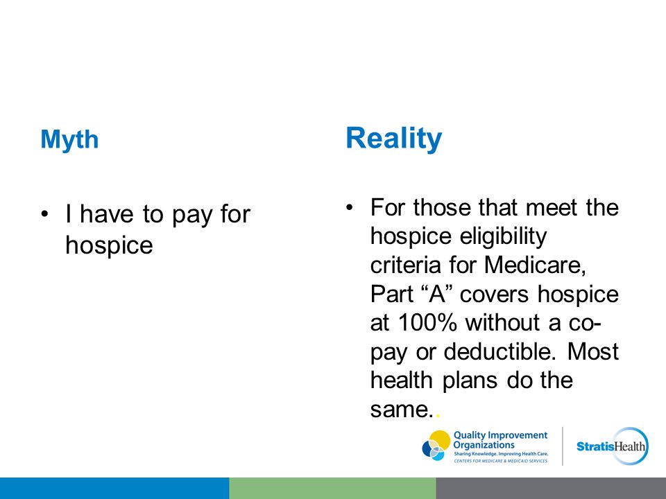 Myth I have to pay for hospice Reality For those that meet the hospice eligibility criteria for Medicare, Part A covers hospice at 100% without a co- pay or deductible.