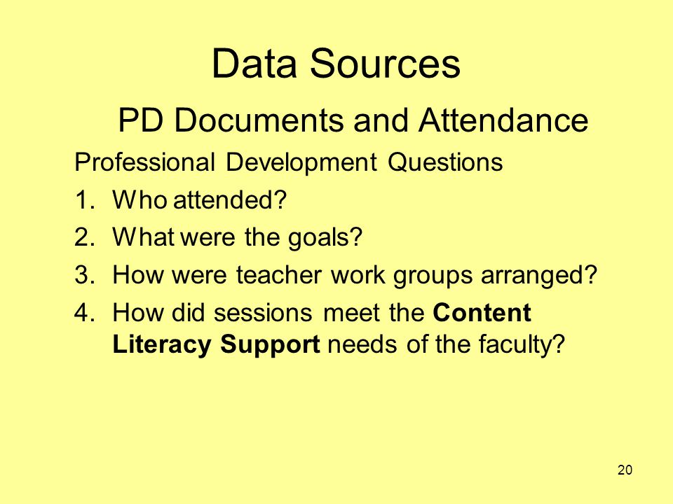 Data Sources PD Documents and Attendance Professional Development Questions 1.Who attended.