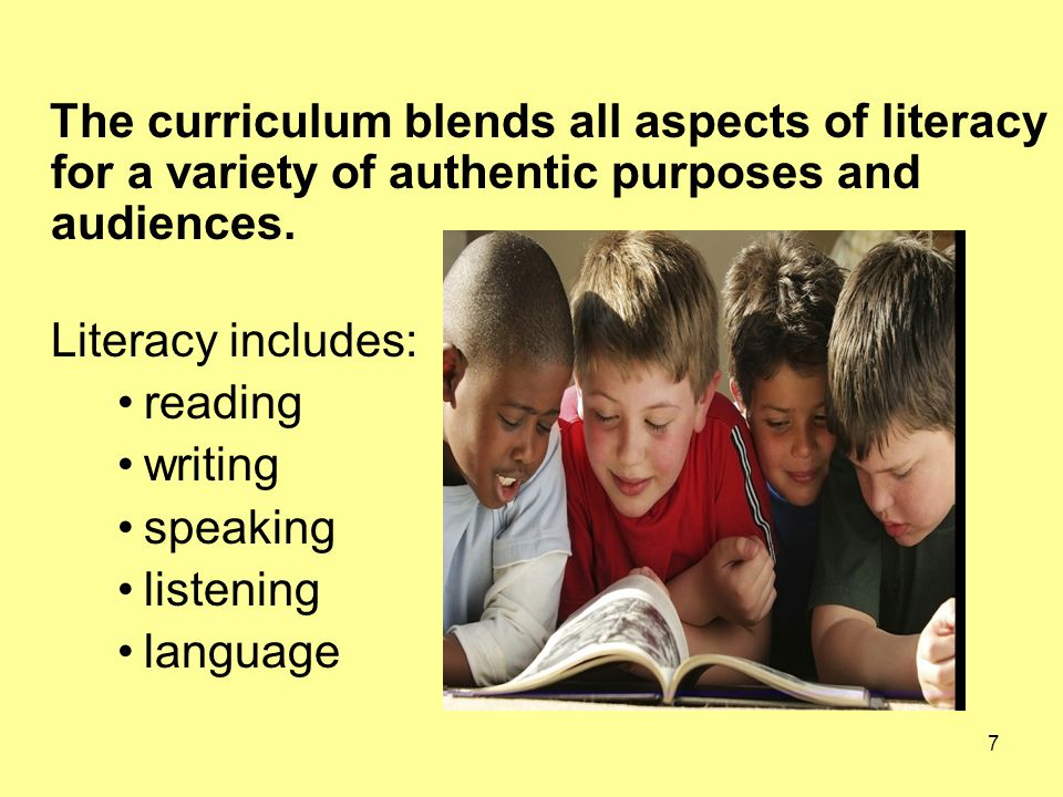7 The curriculum blends all aspects of literacy for a variety of authentic purposes and audiences.