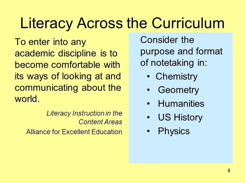Literacy Across the Curriculum To enter into any academic discipline is to become comfortable with its ways of looking at and communicating about the world.