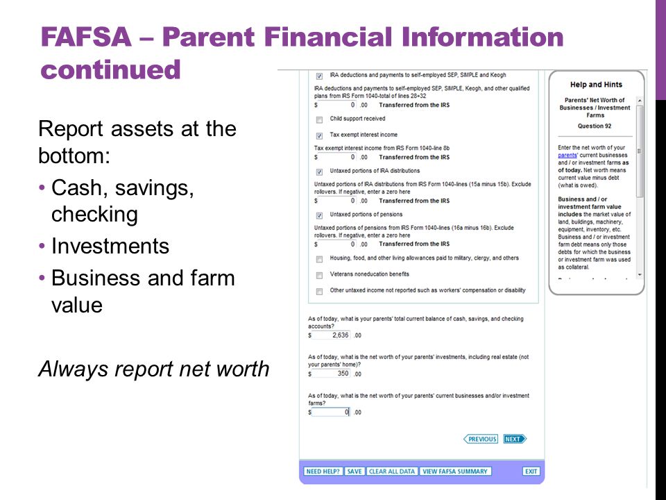 parents net worth of current investments fafsa