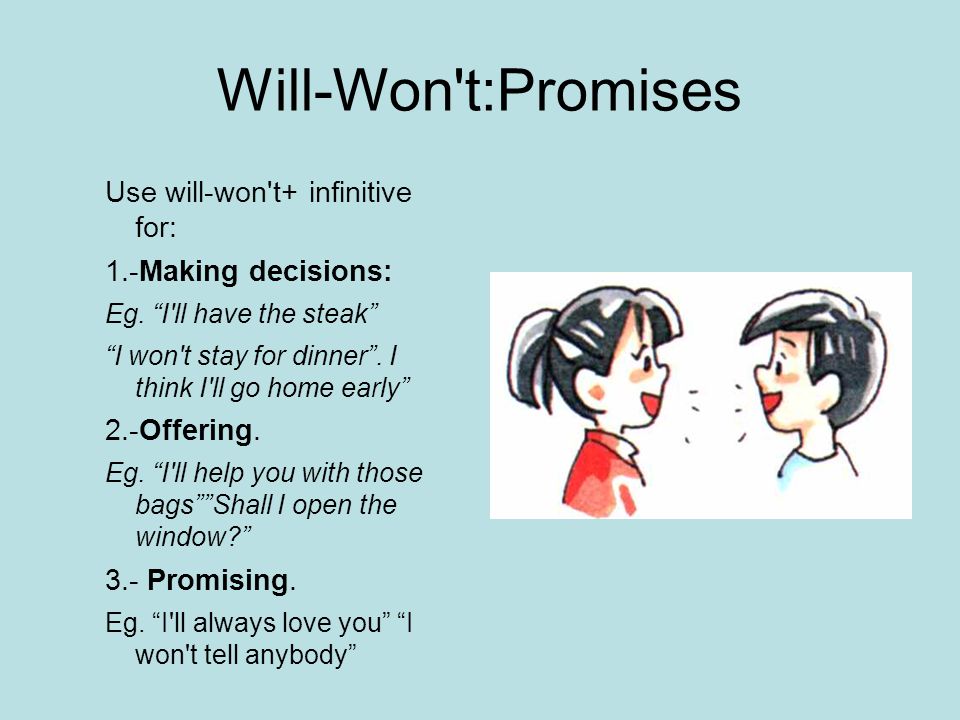 Will-Won t:Promises Use will-won t+ infinitive for: 1.-Making decisions: Eg.