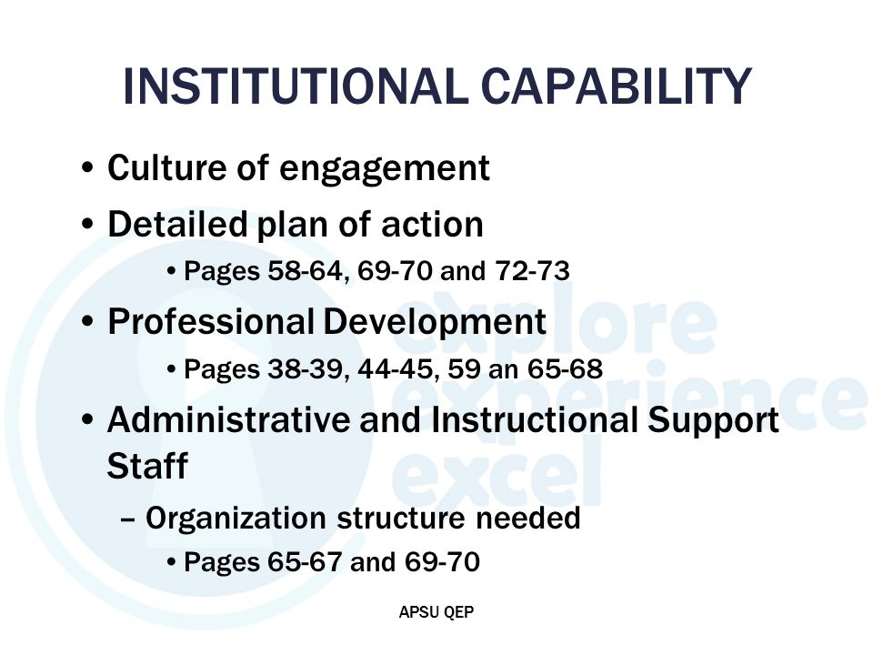 INSTITUTIONAL CAPABILITY Culture of engagement Detailed plan of action Pages 58-64, and Professional Development Pages 38-39, 44-45, 59 an Administrative and Instructional Support Staff –Organization structure needed Pages and APSU QEP