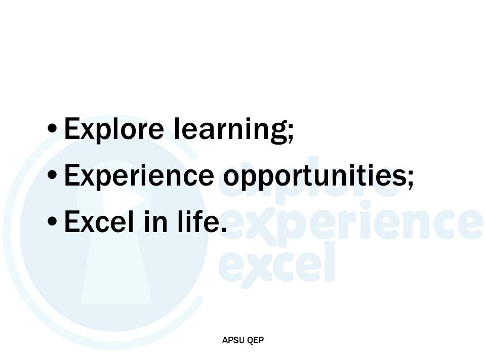 Explore learning; Experience opportunities; Excel in life. APSU QEP