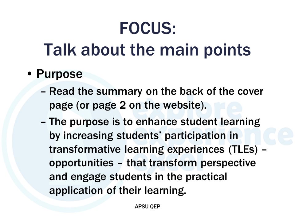 FOCUS: Talk about the main points Purpose –Read the summary on the back of the cover page (or page 2 on the website).